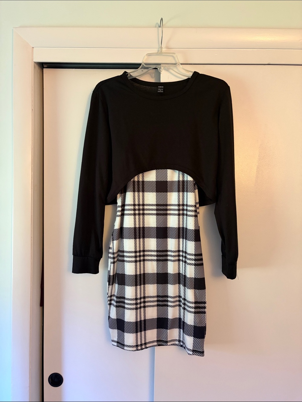 SHEIN Black Cropped Sweater over Black & White Plaid Dress